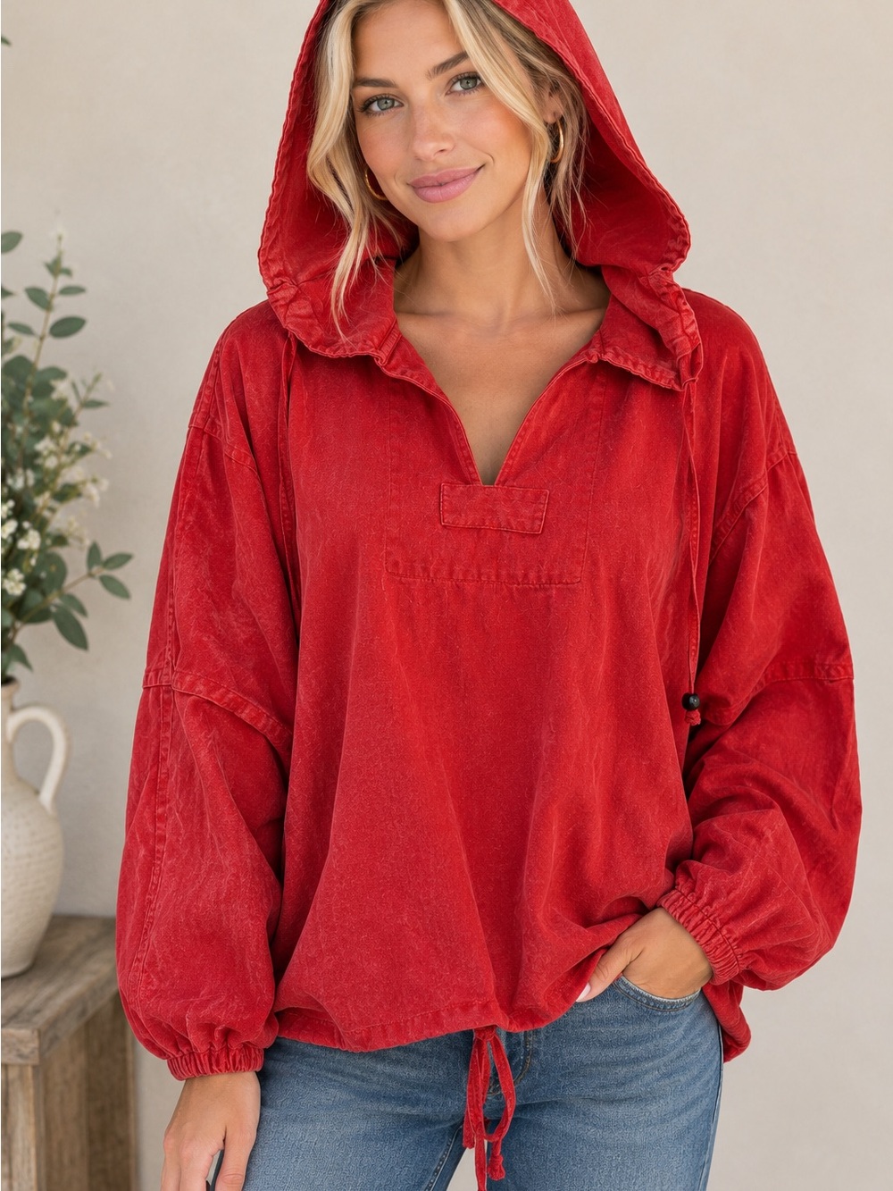 Vtg Andrew Sports Women’s Red Cotton Hooded Anorak Pullover Jacket Size L Flawed